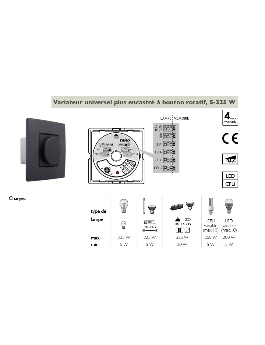 Variateur Rotatif Va-et-vient 40 à 400 W 2 Modules - Blanc